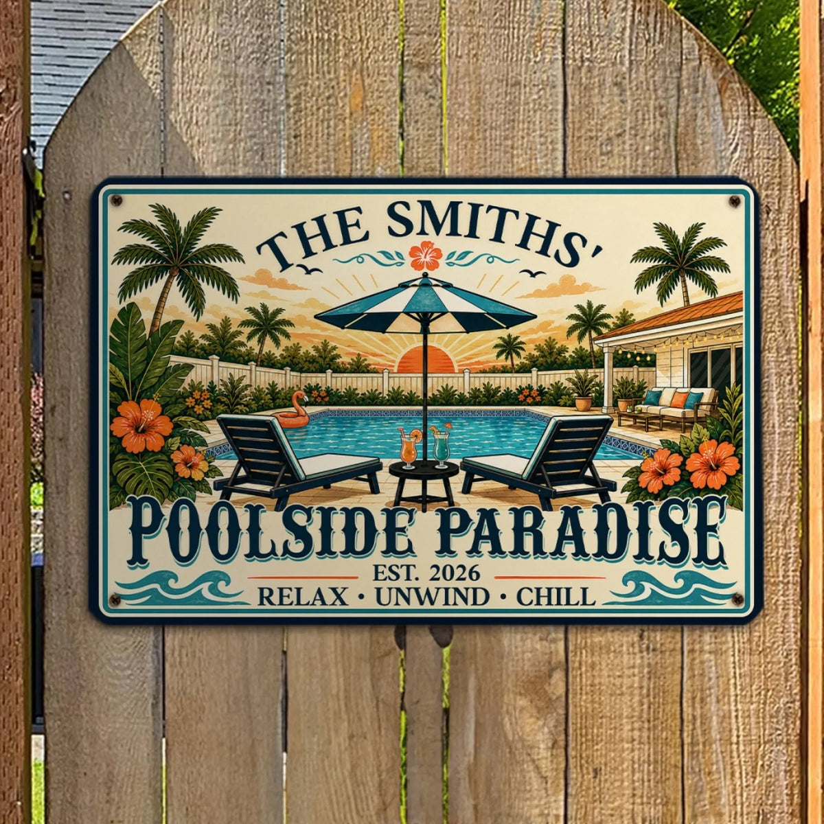 Custom Family Summer Backyard, Patio & Porch Decor • Poolside Party - Personalized Metal Sign
