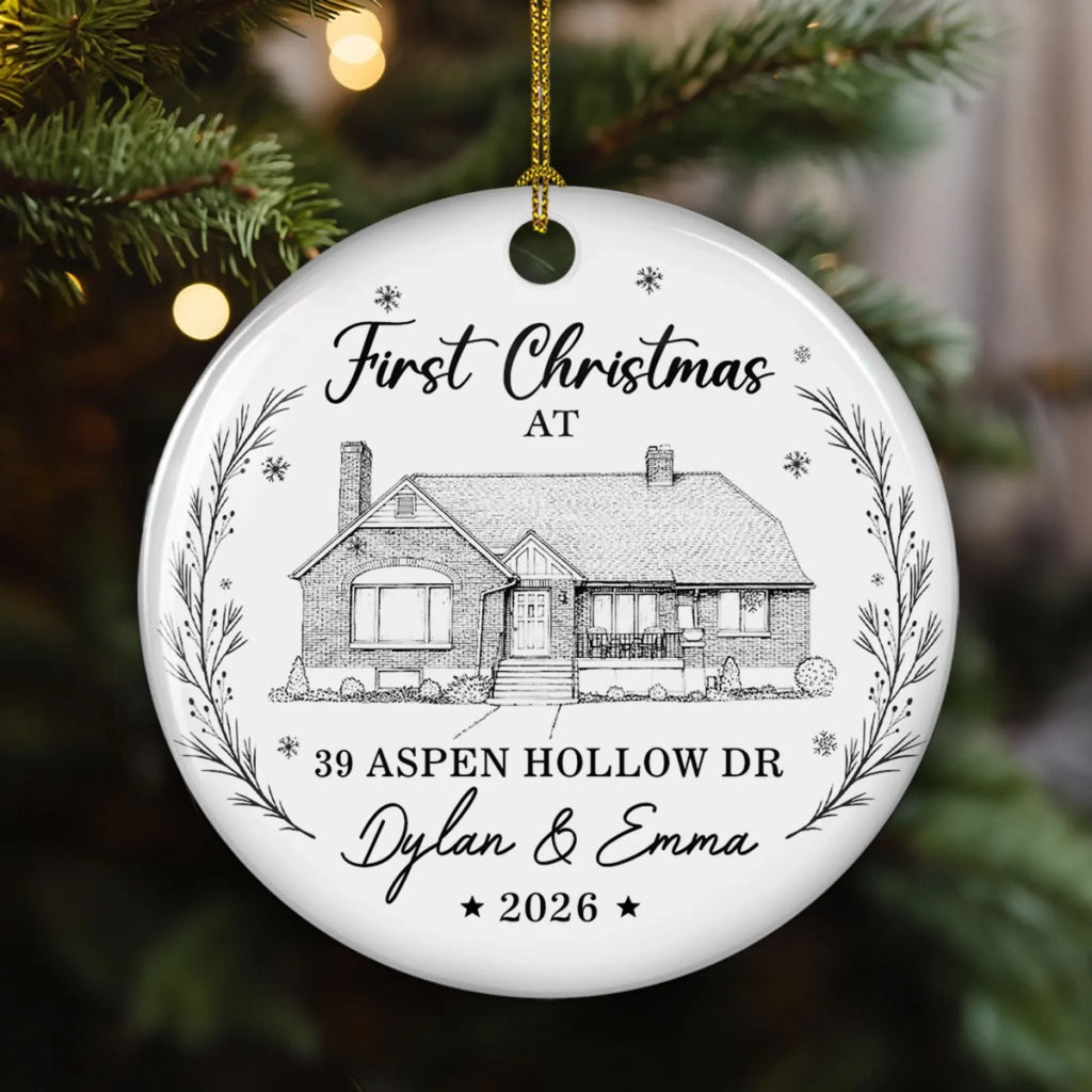 Custom Photo First Christmas Ornament Married, Gift for Newlyweds • First Christmas At New Home - Personalized Ceramic Ornament