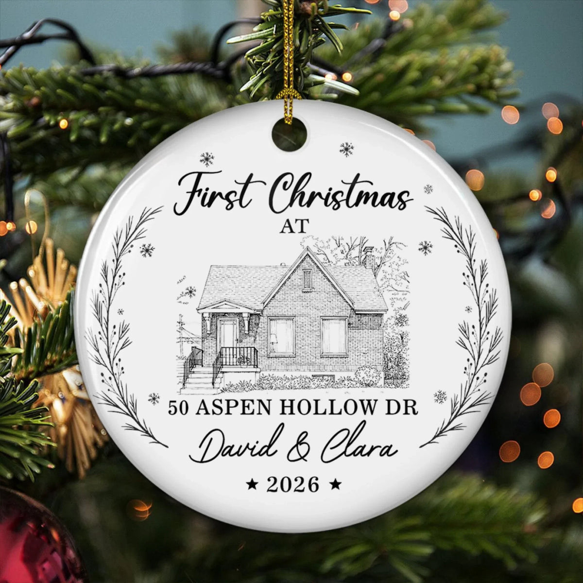 Custom Photo First Christmas Ornament Married, Gift for Newlyweds • First Christmas At New Home - Personalized Ceramic Ornament