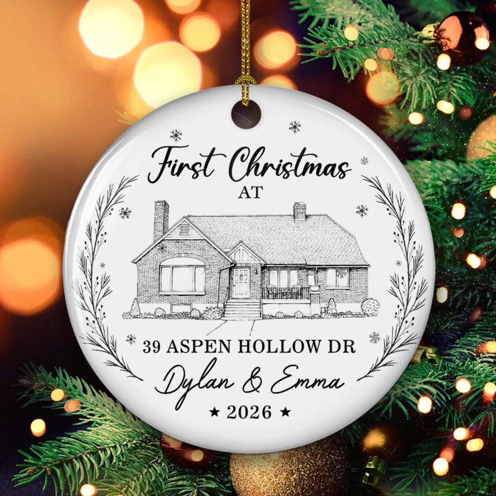 Custom Photo First Christmas Ornament Married, Gift for Newlyweds • First Christmas At New Home - Personalized Ceramic Ornament