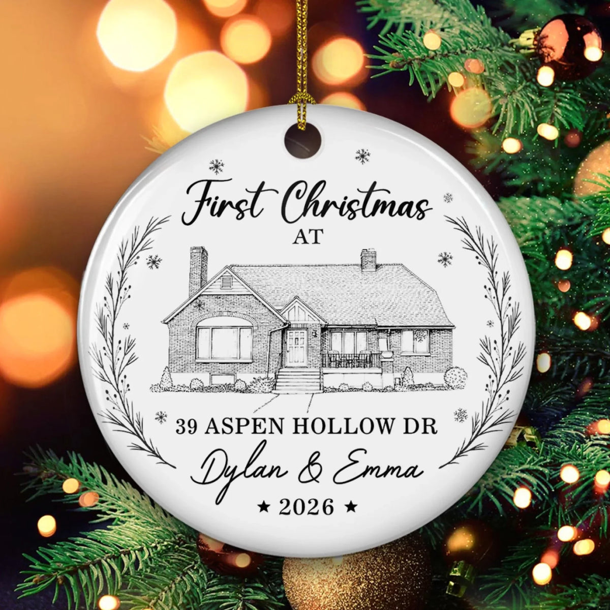 Custom Photo First Christmas Ornament Married, Gift for Newlyweds • First Christmas At New Home - Personalized Ceramic Ornament