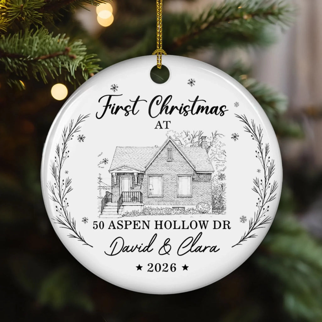 Custom Photo First Christmas Ornament Married, Gift for Newlyweds • First Christmas At New Home - Personalized Ceramic Ornament