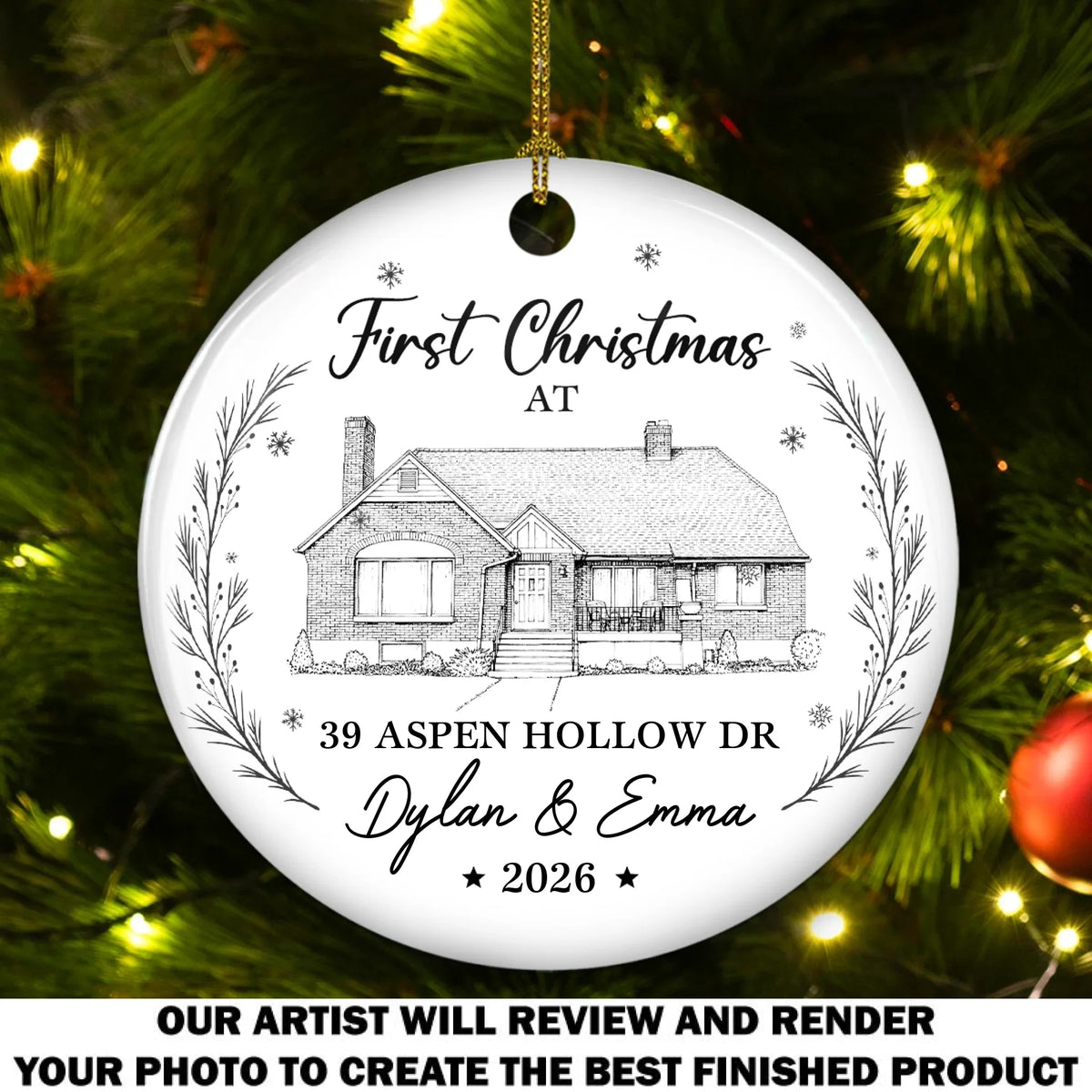 Custom Photo First Christmas Ornament Married, Gift for Newlyweds • First Christmas At New Home - Personalized Ceramic Ornament