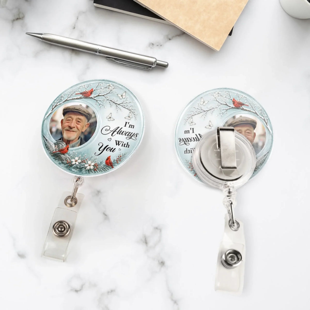 Custom Photo Memorial Keepsake, Remembrance Gift for Loss of Loved One • I'm Always With You - Personalized Acrylic Badge Reel