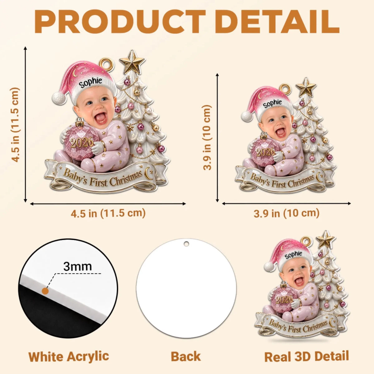 Custom Baby First Christmas Ornament for New Parents •  Our Baby - Personalized 3D White Acrylic Ornament