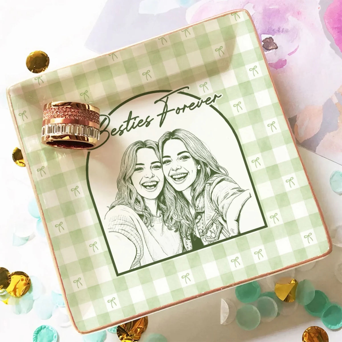 Custom Photo Bestie Trinket Dish, Birthday Christmas Gift For Best Friend • Turn Your Bestie Into Art - Personalized Jewelry Dish