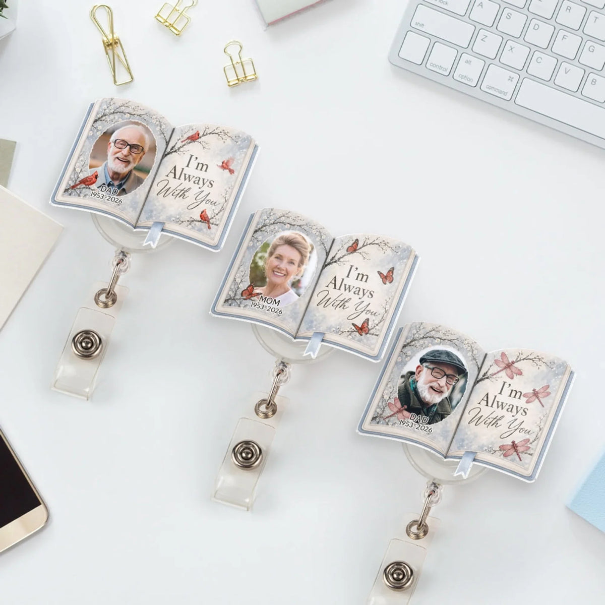 Custom Photo Memorial Keepsake, Remembrance Gift for Loss of Loved One • Gone From Sight Not From Heart - Personalized Acrylic Badge Reel