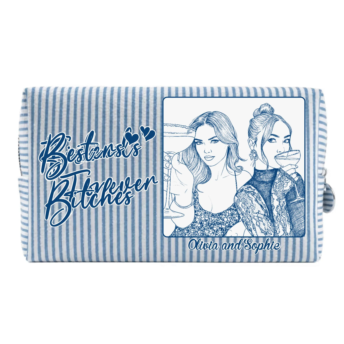 Custom Photo Sketch Line Art Birthday Gift For My Lovely Bestie - Personalized Seersucker Print Makeup Bag