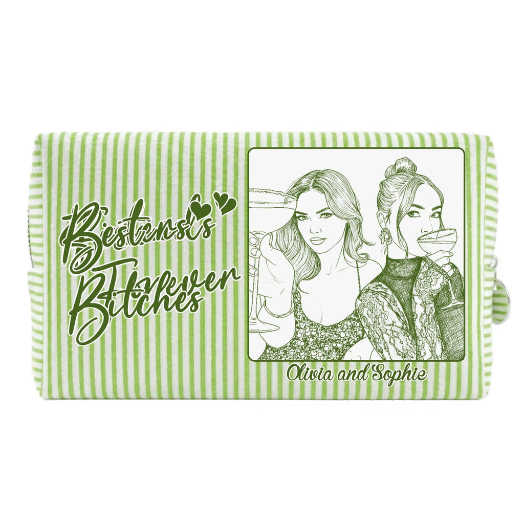 Custom Photo Sketch Line Art Birthday Gift For My Lovely Bestie - Personalized Seersucker Print Makeup Bag