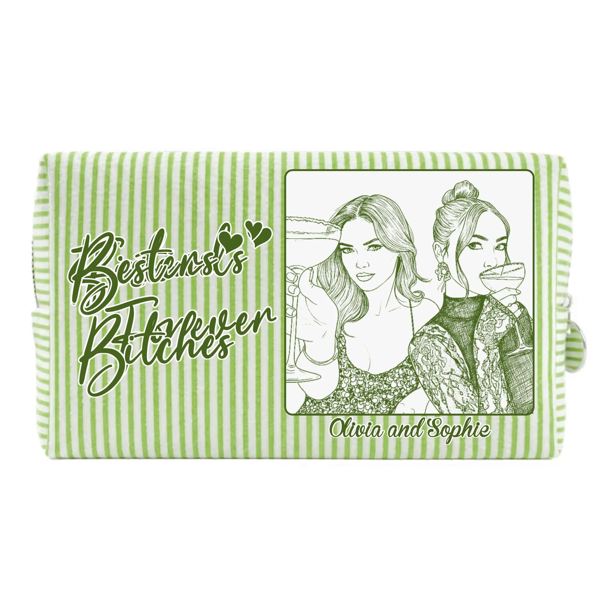 Custom Photo Sketch Line Art Birthday Gift For My Lovely Bestie - Personalized Seersucker Print Makeup Bag