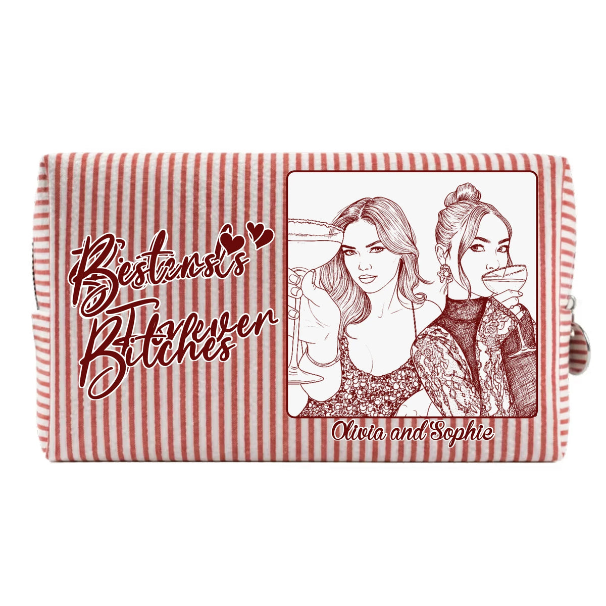 Custom Photo Sketch Line Art Birthday Gift For My Lovely Bestie - Personalized Seersucker Print Makeup Bag