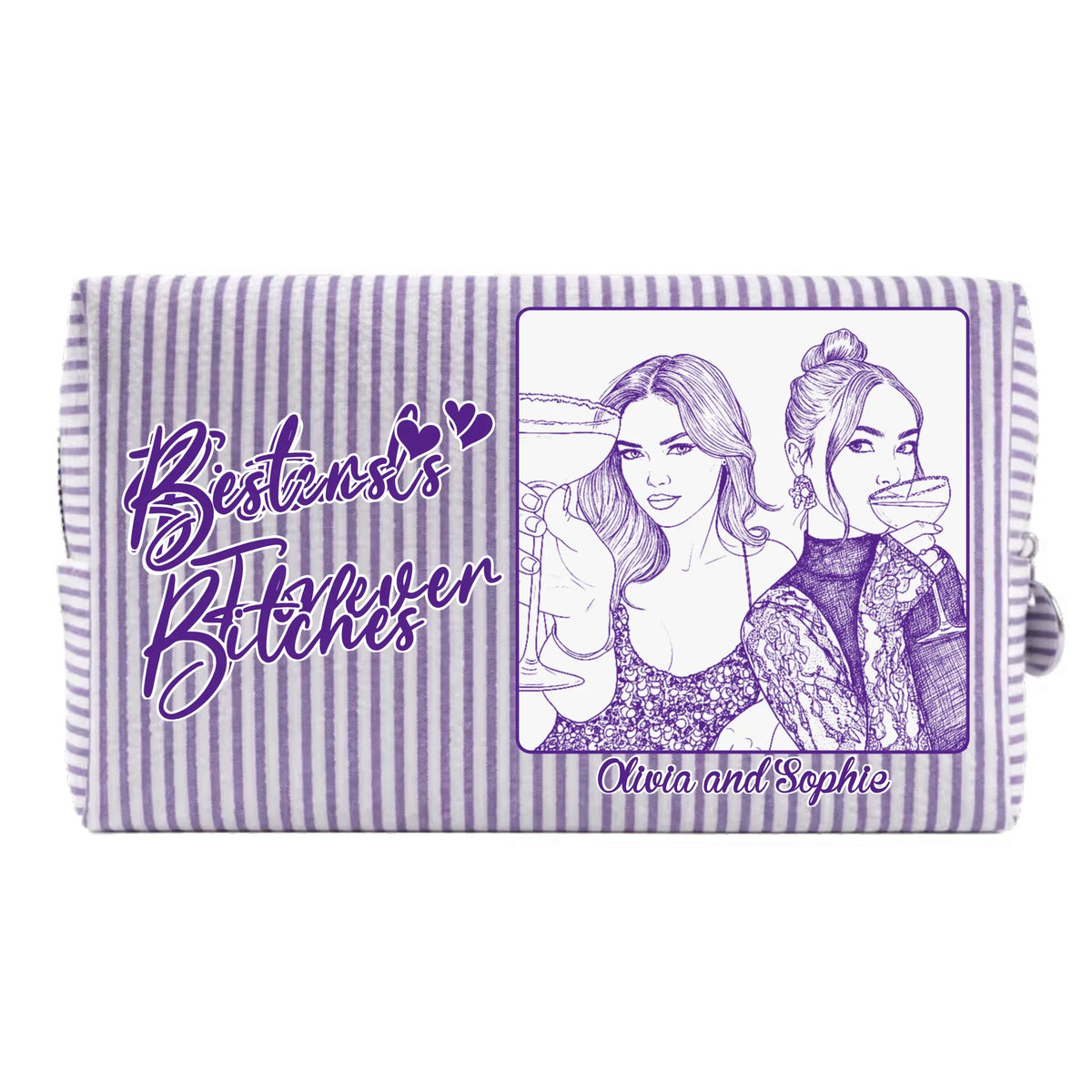 Custom Photo Sketch Line Art Birthday Gift For My Lovely Bestie - Personalized Seersucker Print Makeup Bag
