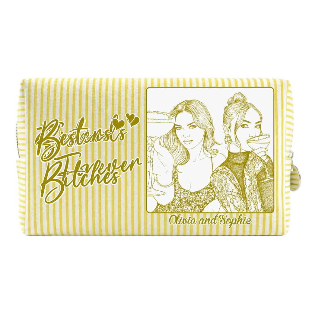 Custom Photo Sketch Line Art Birthday Gift For My Lovely Bestie - Personalized Seersucker Print Makeup Bag