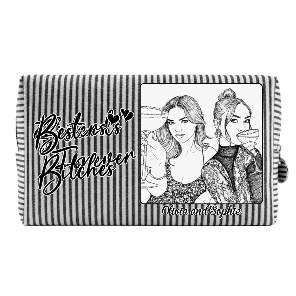 Custom Photo Sketch Line Art Birthday Gift For My Lovely Bestie - Personalized Seersucker Print Makeup Bag