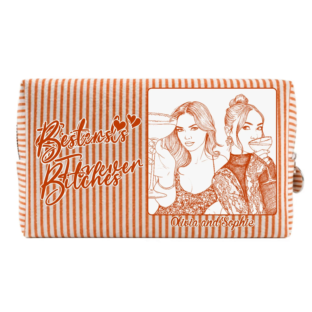 Custom Photo Sketch Line Art Birthday Gift For My Lovely Bestie - Personalized Seersucker Print Makeup Bag