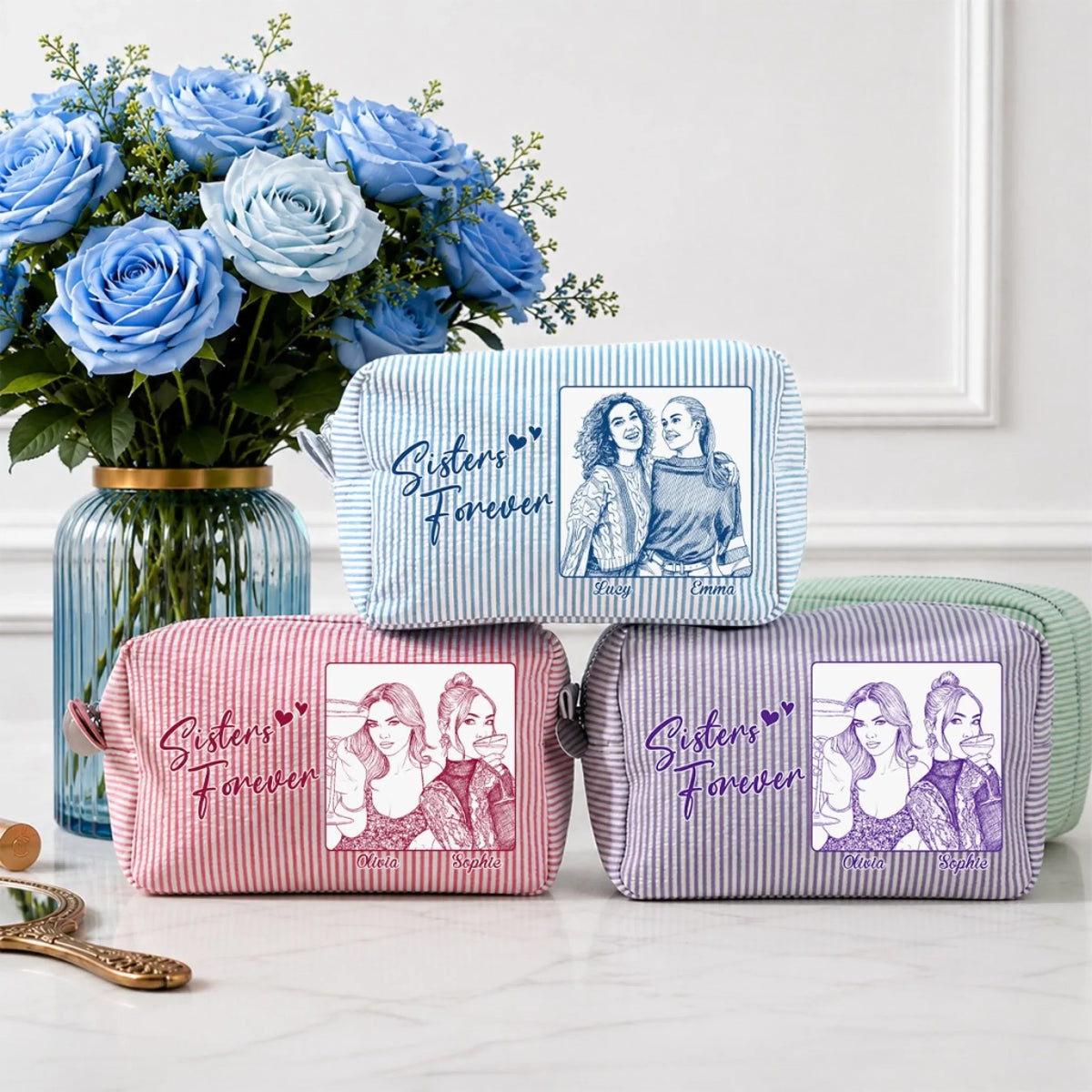 Custom Photo Sketch Line Art Birthday Gift For My Lovely Bestie - Personalized Seersucker Print Makeup Bag