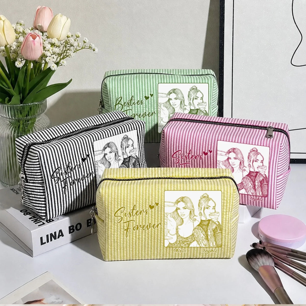 Custom Photo Sketch Line Art Birthday Gift For My Lovely Bestie - Personalized Seersucker Print Makeup Bag