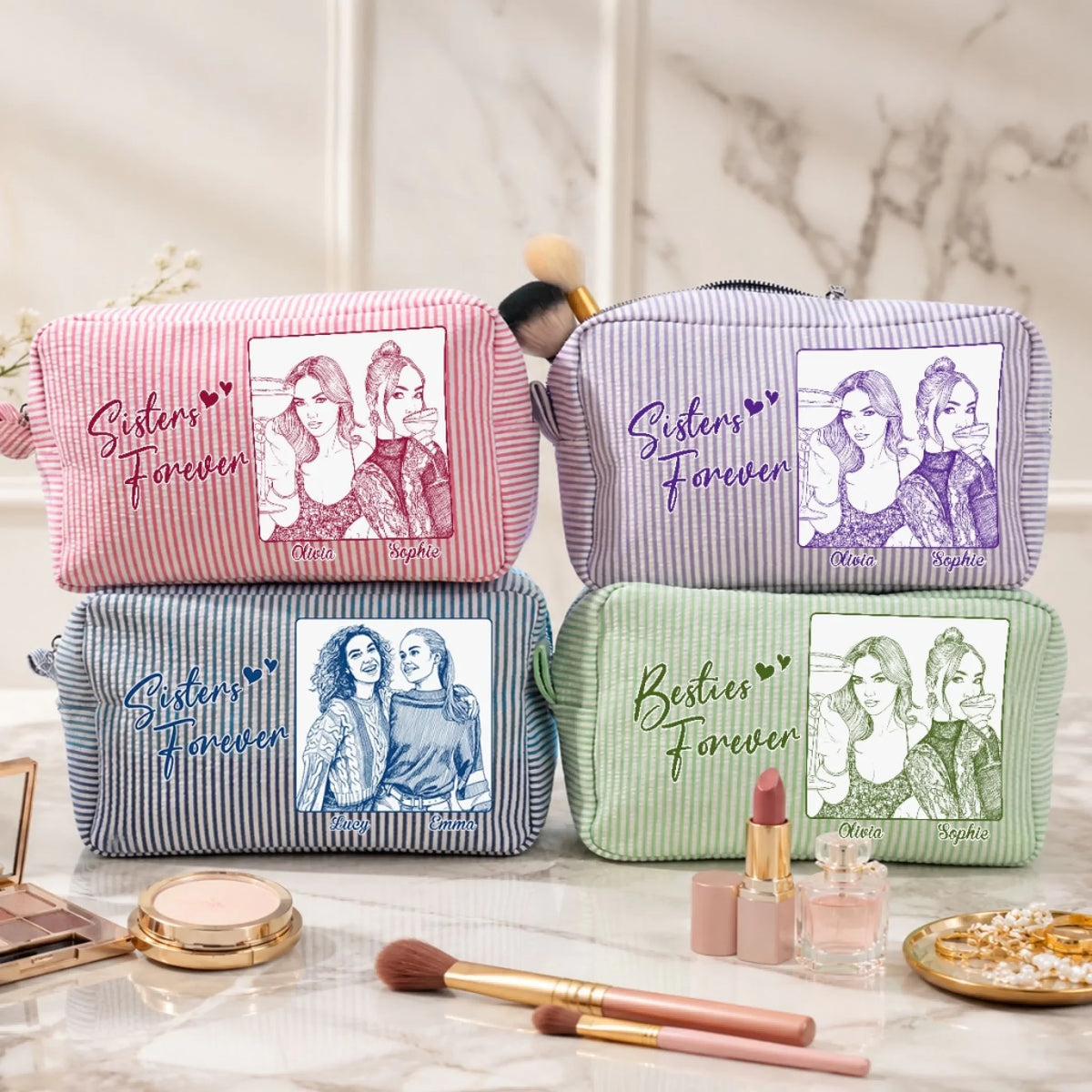 Custom Photo Sketch Line Art Birthday Gift For My Lovely Bestie - Personalized Seersucker Print Makeup Bag