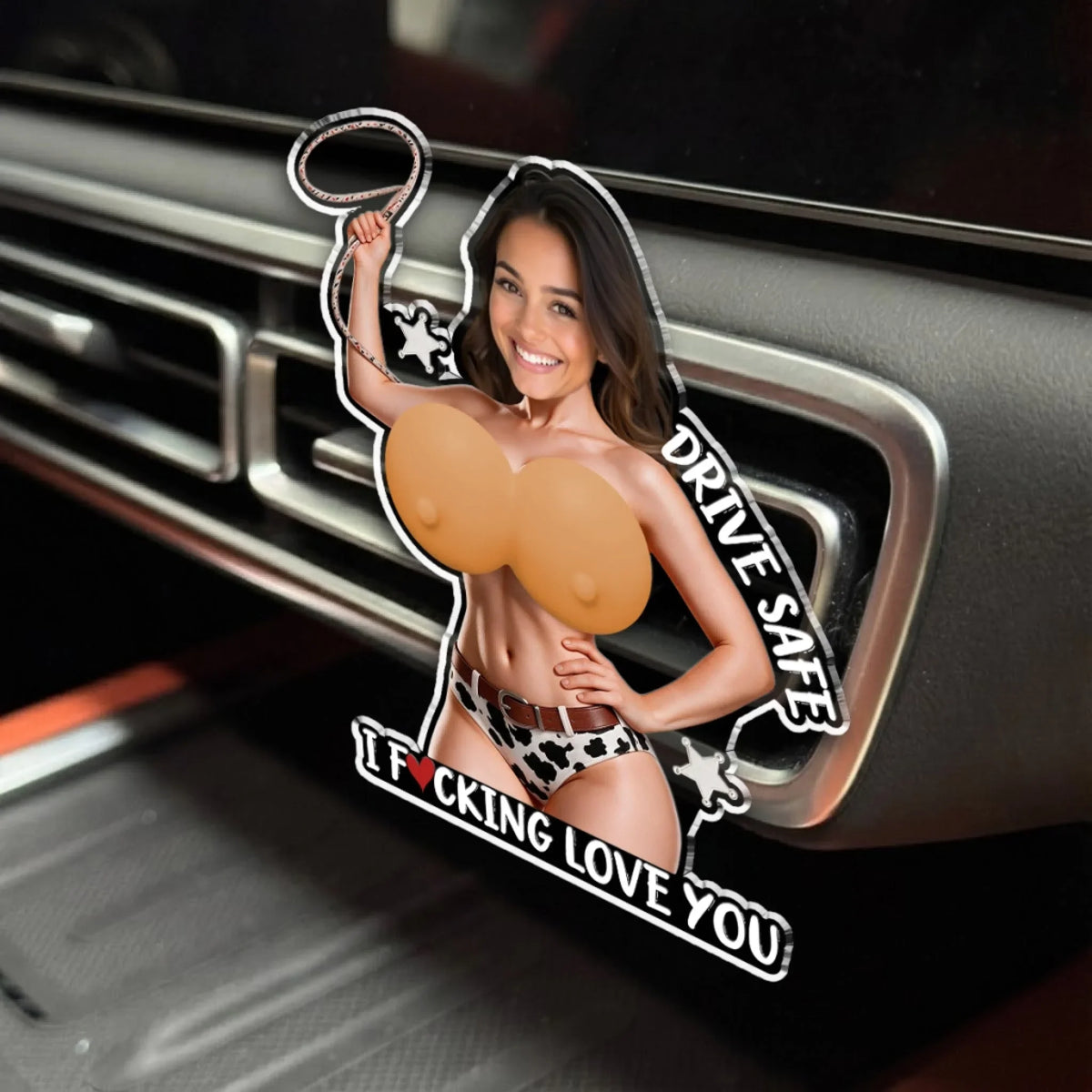 Custom Photo 3D Spicy Gifts For Wife • Cowgirl Curves - Personalized Squishy Acrylic Car Vent Clip
