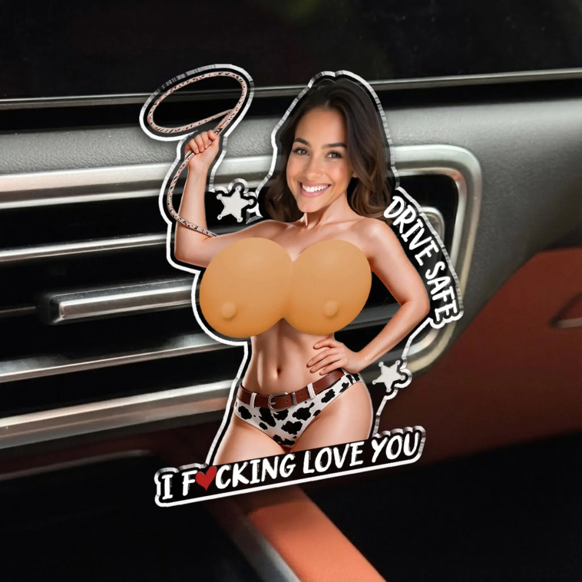 Custom Photo 3D Spicy Gifts For Wife • Cowgirl Curves - Personalized Squishy Acrylic Car Vent Clip