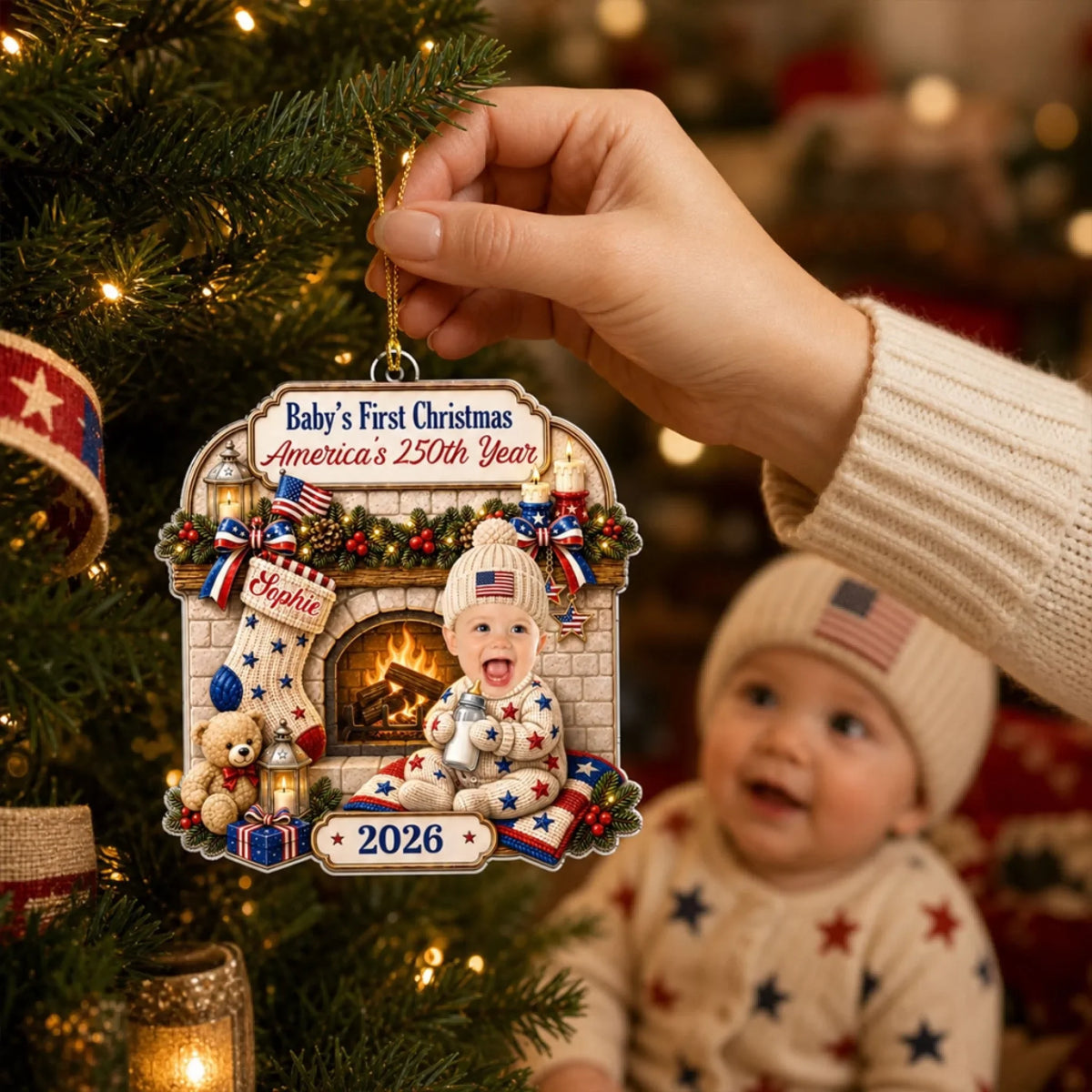 Custom Baby First Christmas Ornament for New Parents •  American Baby - Personalized Acrylic Ornament