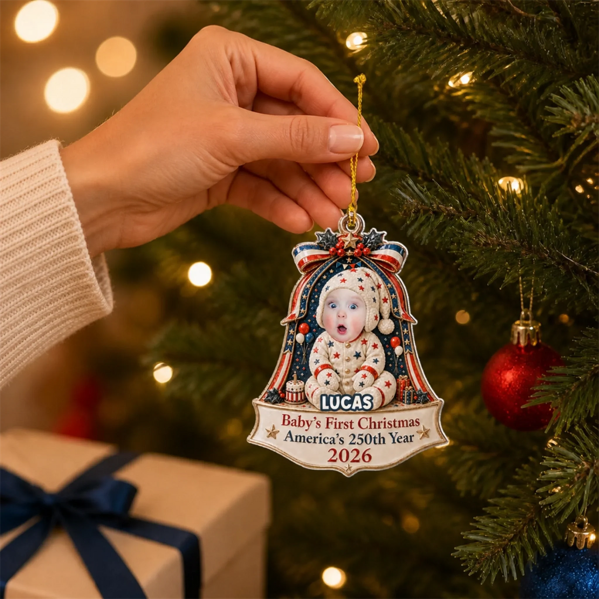 Custom Baby First Christmas Ornament for New Parents •  Baby America 250th  - Personalized 3D White Acrylic Ornament