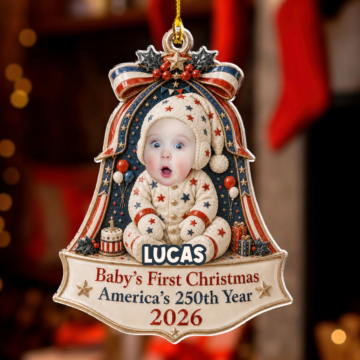 Custom Baby First Christmas Ornament for New Parents •  Baby America 250th  - Personalized 3D White Acrylic Ornament