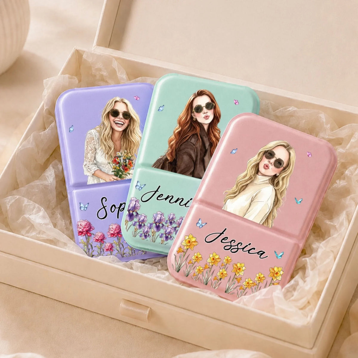 Name With My Bestie Flower - Personalize Pocket Leather Mirror