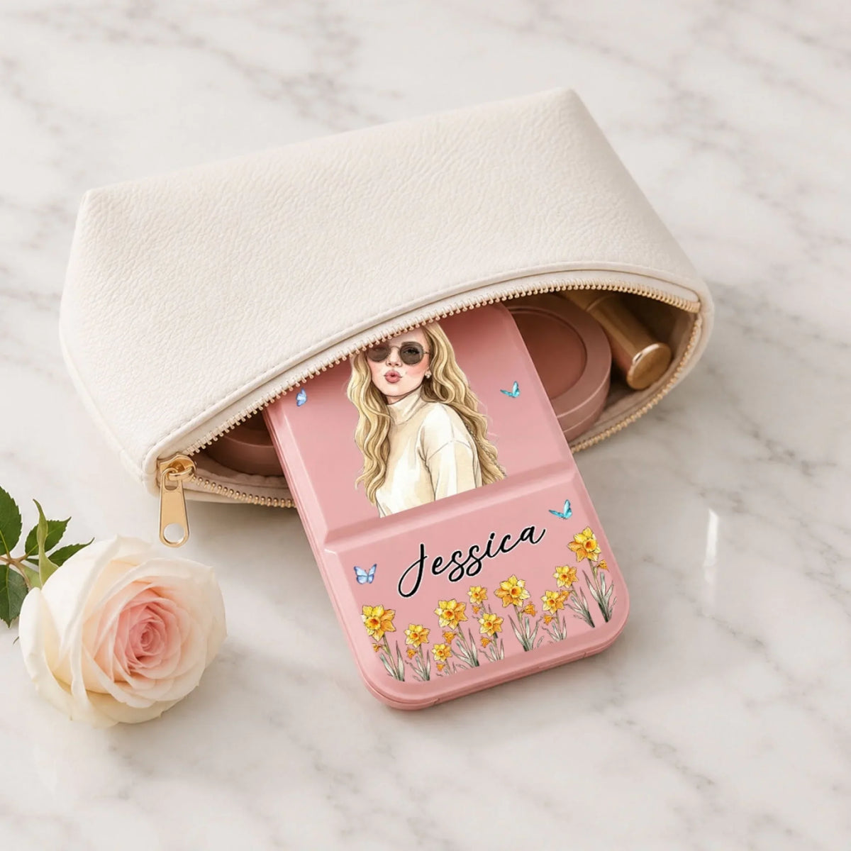 Name With My Bestie Flower - Personalize Pocket Leather Mirror