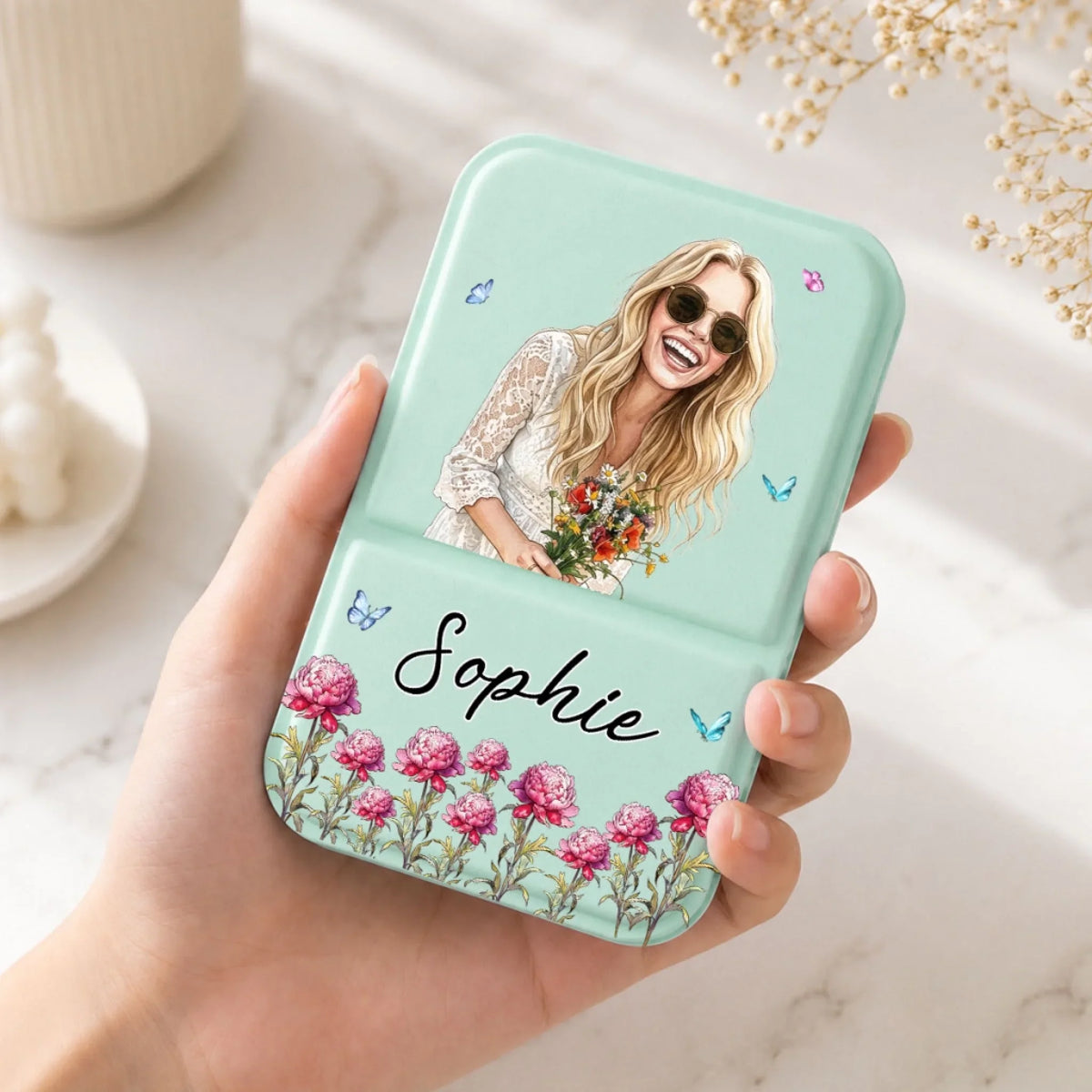 Name With My Bestie Flower - Personalize Pocket Leather Mirror