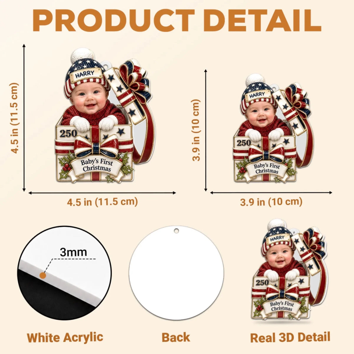 Custom Baby First Christmas Ornament for New Parents •  Baby Christmas Gift Box - Personalized 3D White Acrylic Ornament