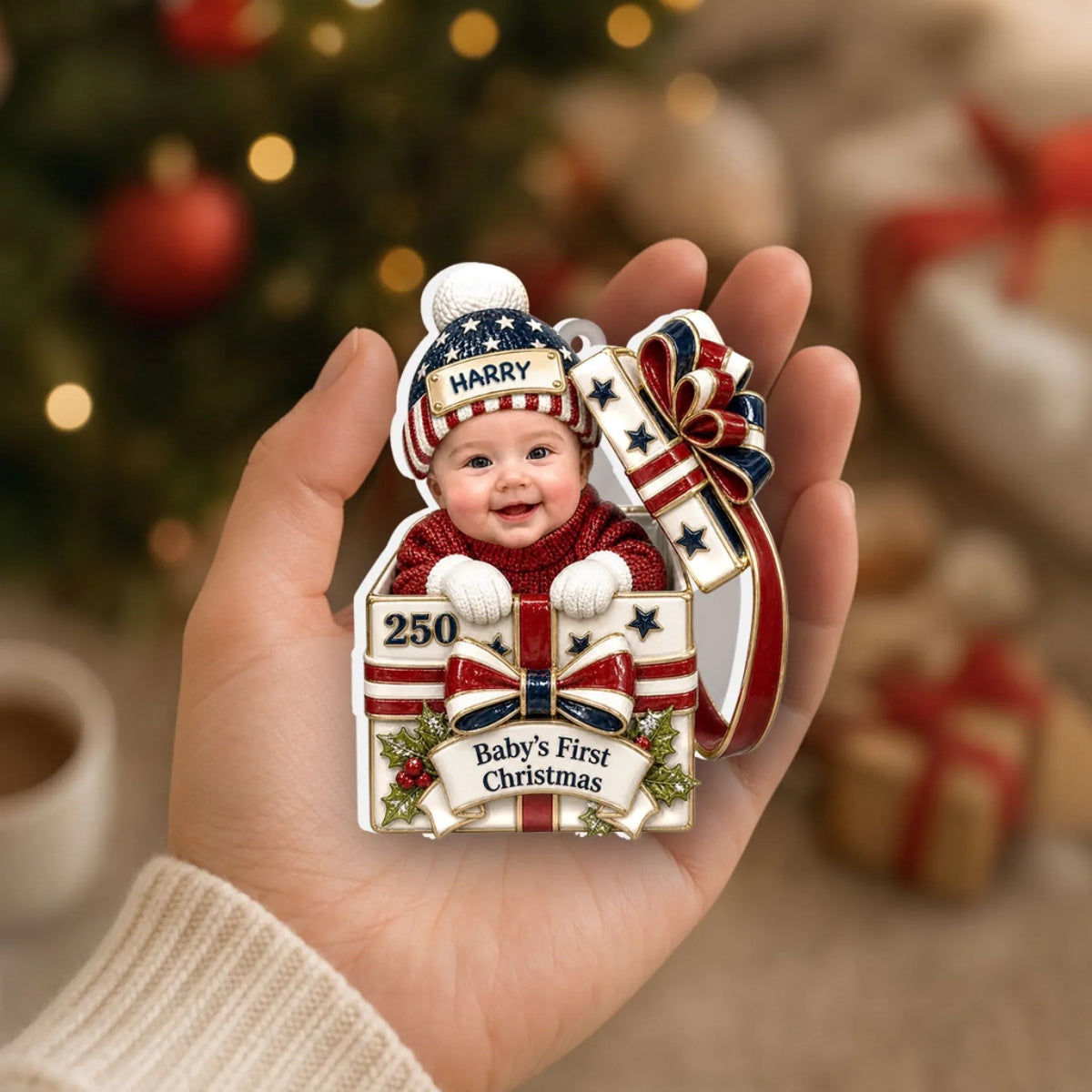 Custom Baby First Christmas Ornament for New Parents •  Baby Christmas Gift Box - Personalized 3D White Acrylic Ornament