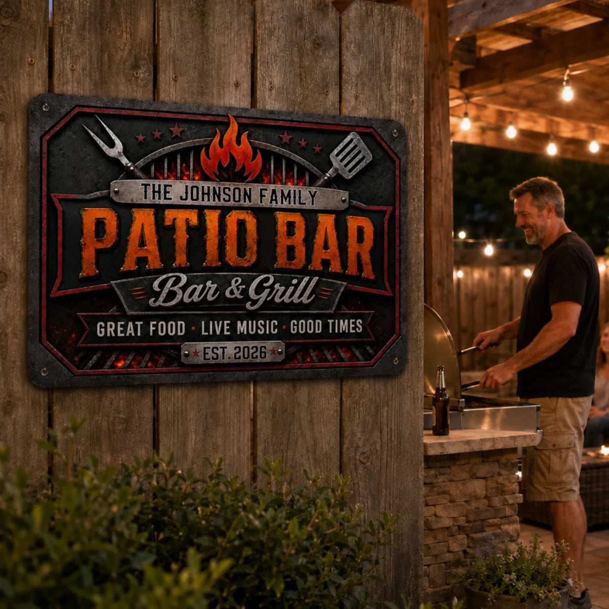 Custom Family Summer Backyard, Patio & Porch Decor • Bar And Grill - Personalized Metal Sign