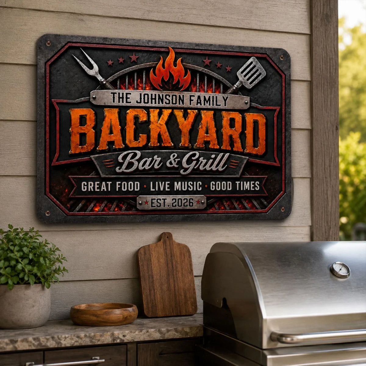 Custom Family Summer Backyard, Patio & Porch Decor • Bar And Grill - Personalized Metal Sign