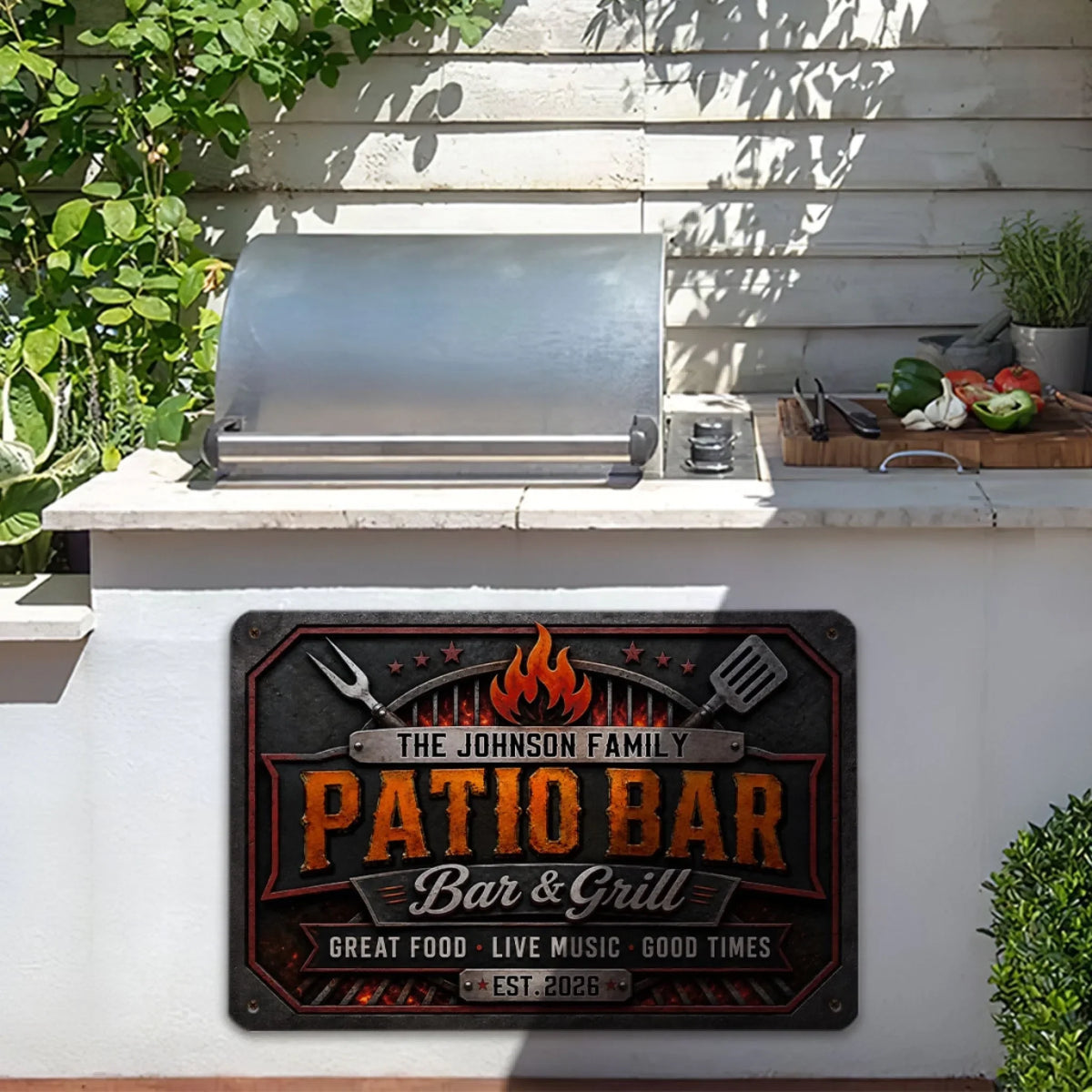 Custom Family Summer Backyard, Patio & Porch Decor • Bar And Grill - Personalized Metal Sign