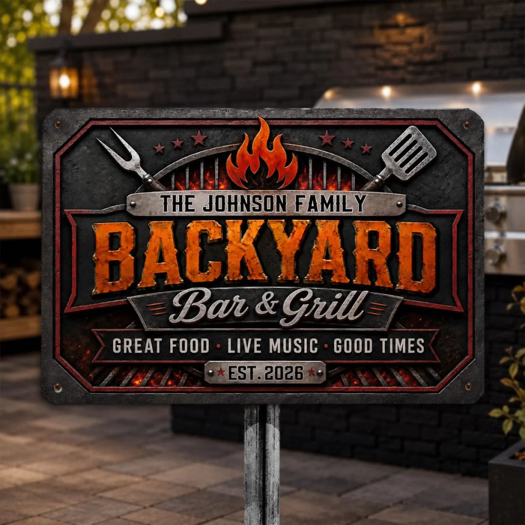 Custom Family Summer Backyard, Patio & Porch Decor • Bar And Grill - Personalized Metal Sign