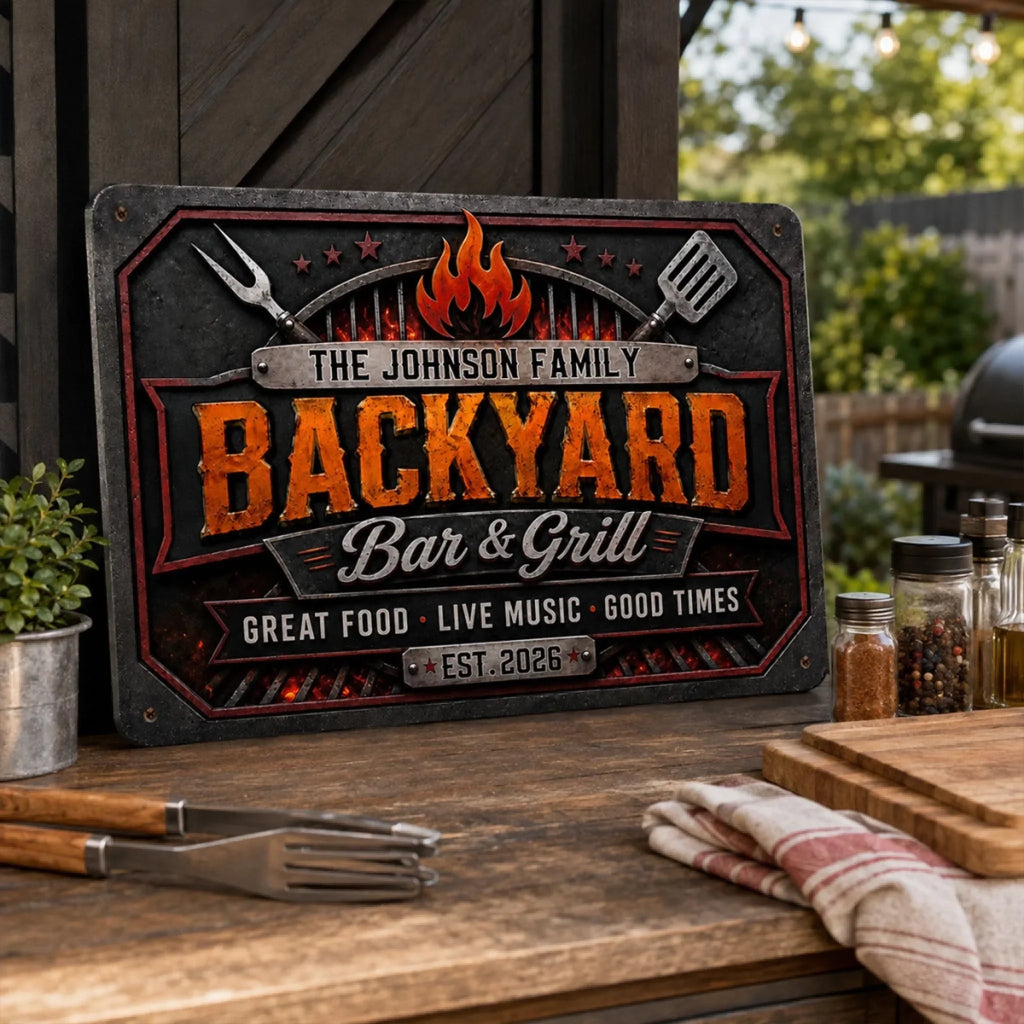 Custom Family Summer Backyard, Patio & Porch Decor • Bar And Grill - Personalized Metal Sign