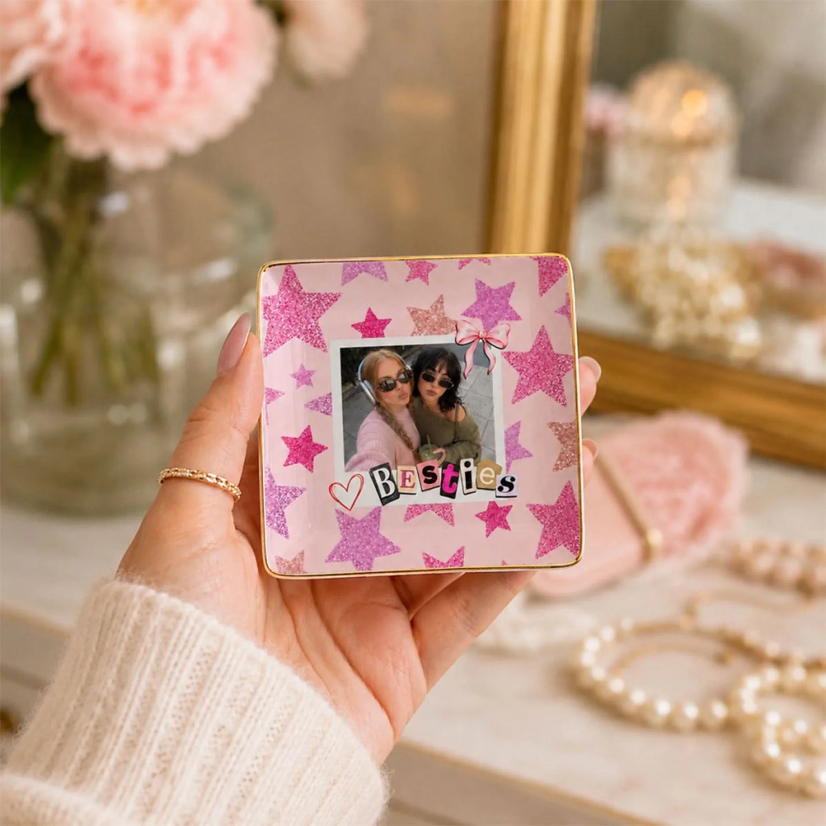 Custom Photo Bestie Trinket Dish, Birthday Christmas Gift For Best Friend • Soul Sisters - Personalized Jewelry Dish
