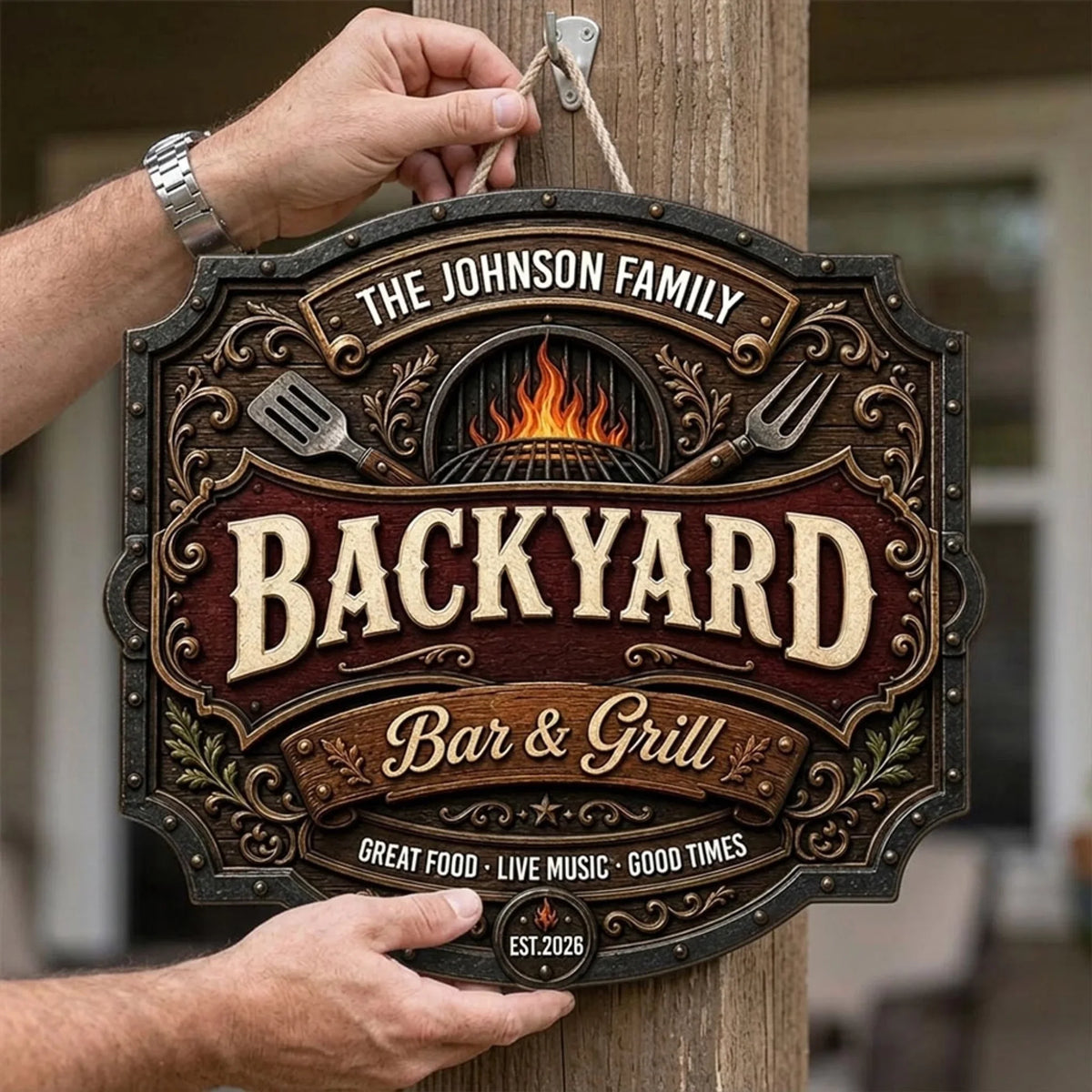 Custom Family Summer Backyard, Patio & Porch Decor • Iron Kitchen - Personalized Wood Sign