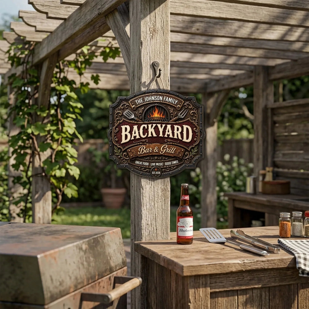 Custom Family Summer Backyard, Patio & Porch Decor • Iron Kitchen - Personalized Wood Sign