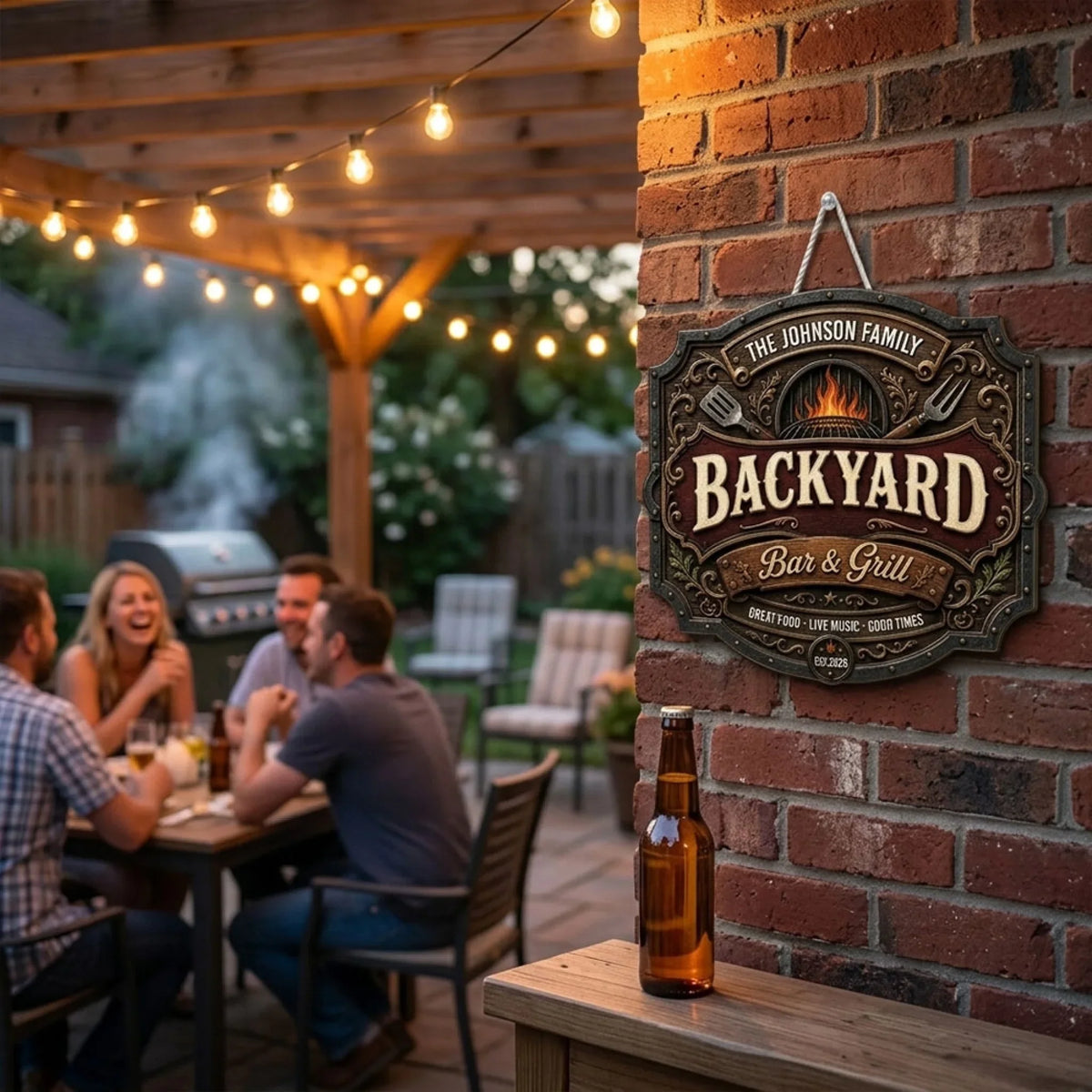 Custom Family Summer Backyard, Patio & Porch Decor • Iron Kitchen - Personalized Wood Sign