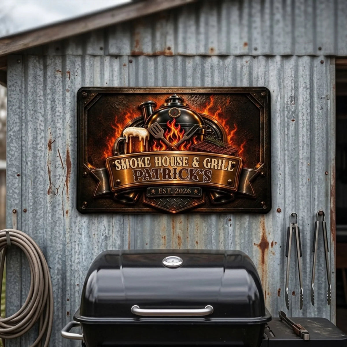 Custom Family Summer Backyard, Patio & Porch Decor • Grill Flame - Personalized Metal Sign