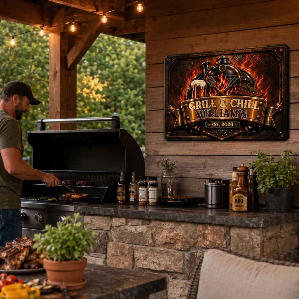 Custom Family Summer Backyard, Patio & Porch Decor • Grill Flame - Personalized Metal Sign