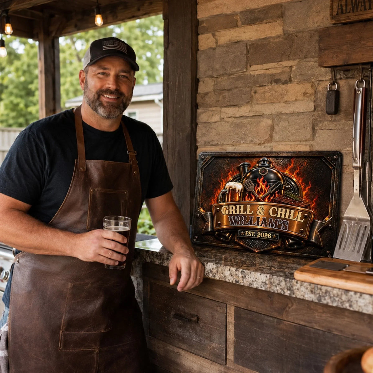 Custom Family Summer Backyard, Patio & Porch Decor • Grill Flame - Personalized Metal Sign