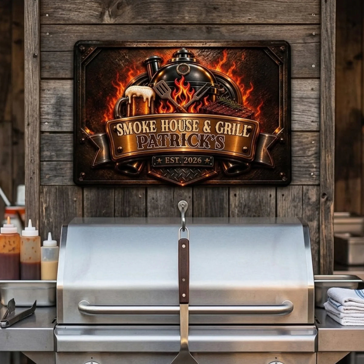 Custom Family Summer Backyard, Patio & Porch Decor • Grill Flame - Personalized Metal Sign