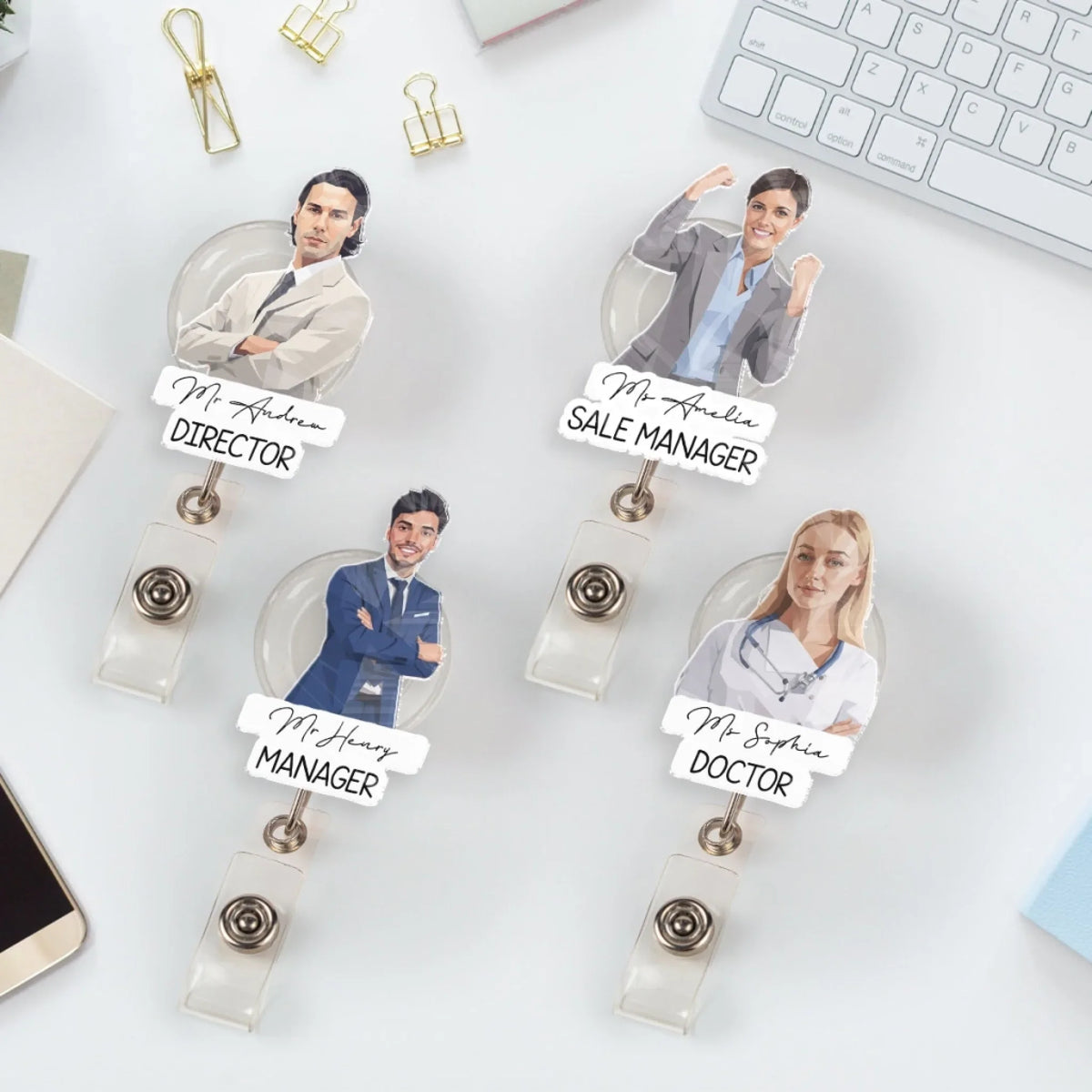 Custom Character ID Holder For Coworker, For Boss, Office Gift With Name • Silhouette Portrait Character - Personalized Acrylic Badge Reel