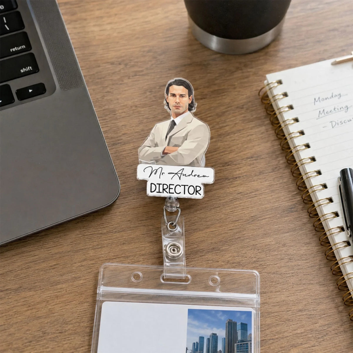 Custom Character ID Holder For Coworker, For Boss, Office Gift With Name • Silhouette Portrait Character - Personalized Acrylic Badge Reel