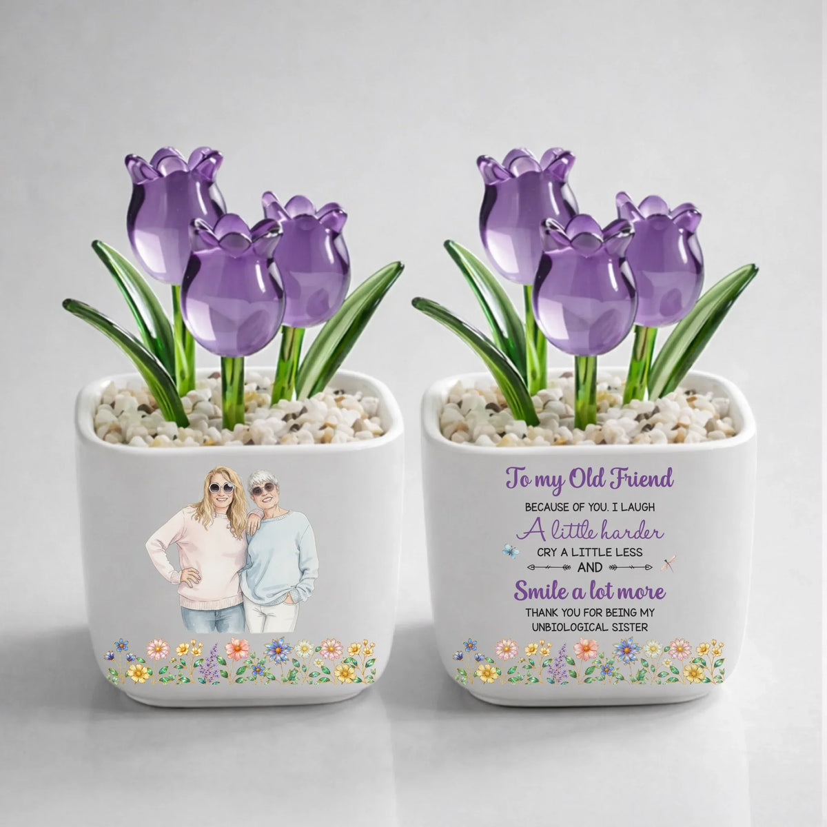 Custom Photo Flower Keepsake, Glass Home Decor Gift for Best Friend • Cry A Little Less And Smile More Ver 3 - Personalized Glass Everlasting Tulips