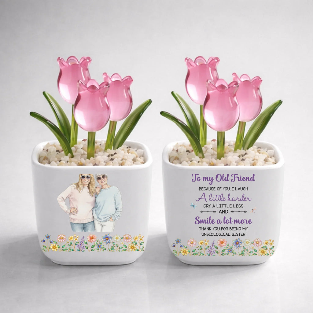 Custom Photo Flower Keepsake, Glass Home Decor Gift for Best Friend • Cry A Little Less And Smile More Ver 3 - Personalized Glass Everlasting Tulips
