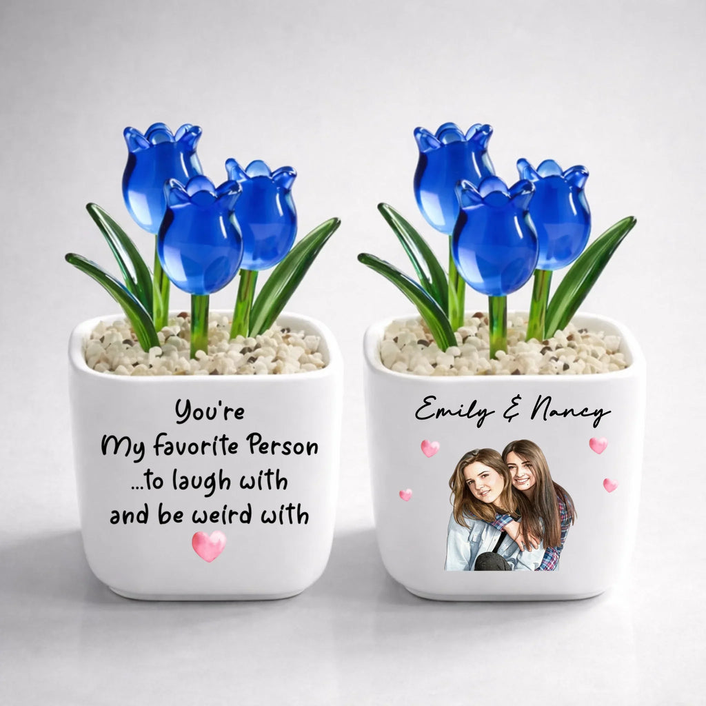 Custom Photo Flower Keepsake, Glass Home Decor Gift for Best Friend • My Favorite One - Personalized Glass Everlasting Tulips